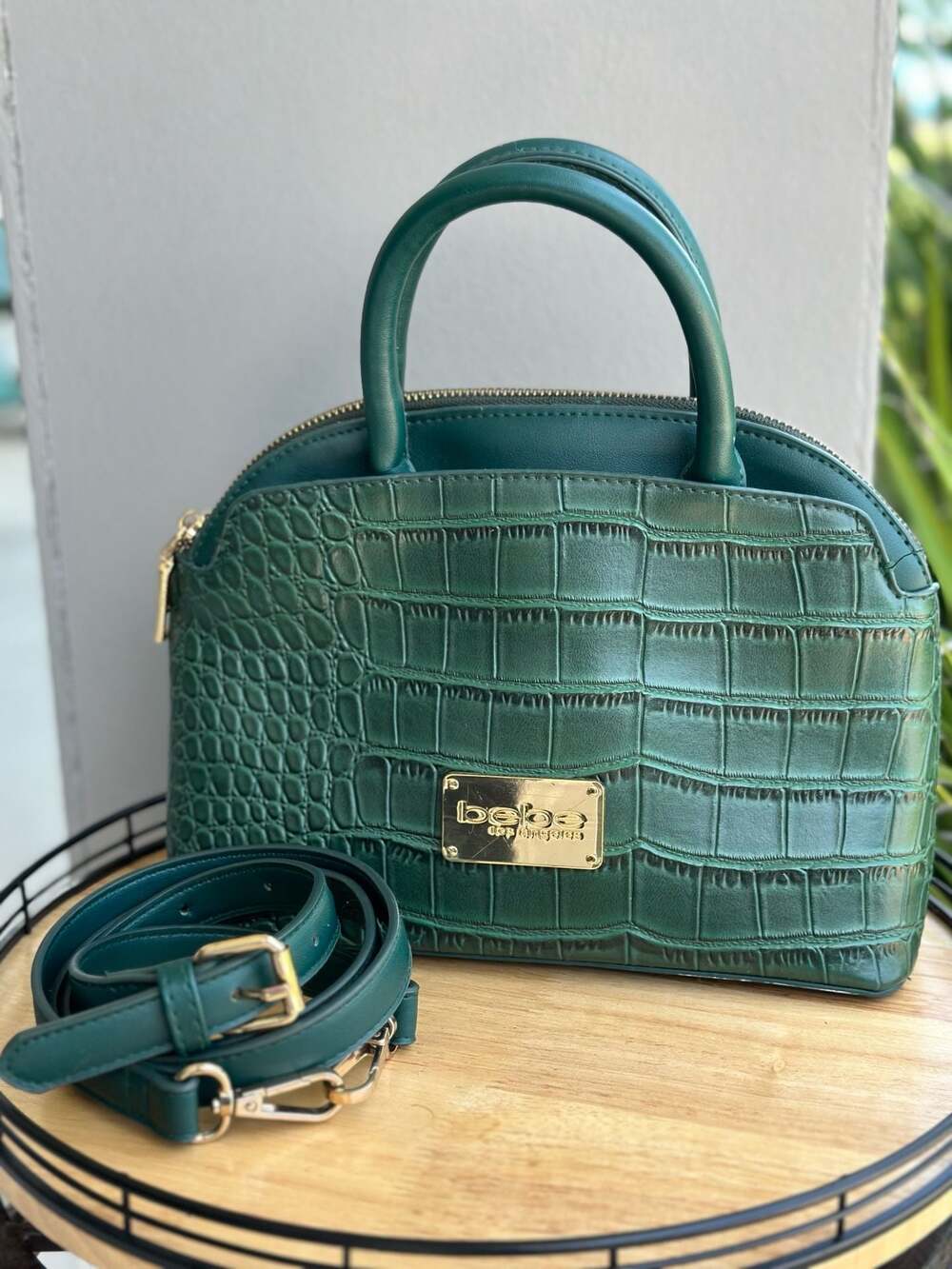 bebe Hunter Green Croc-Embossed Dome Satchel Crossbody Bag